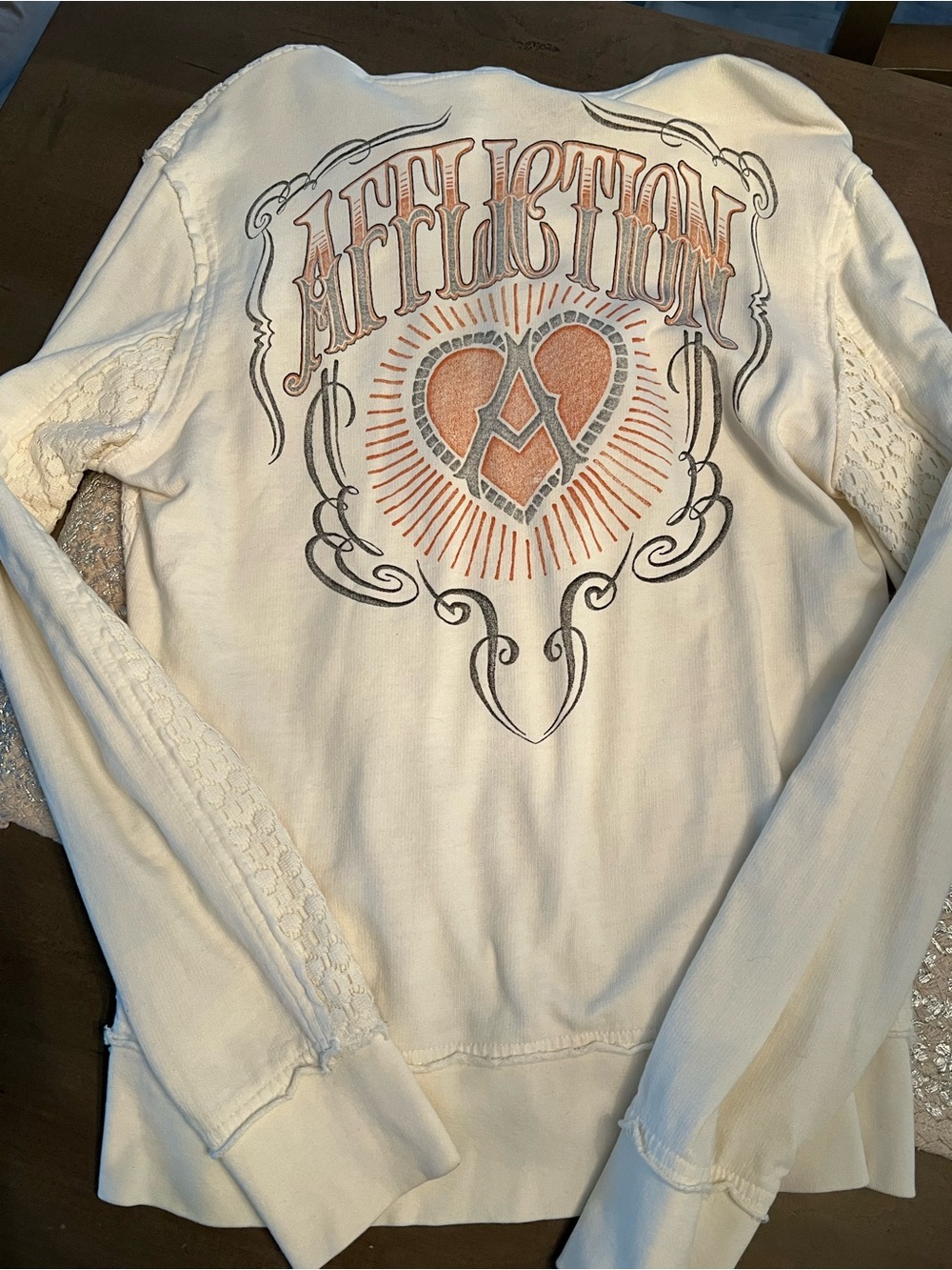 Affliction Cream Lace-Panel Zip Hoodie with Vintage Graphic Y2K - Picture 3 of 7